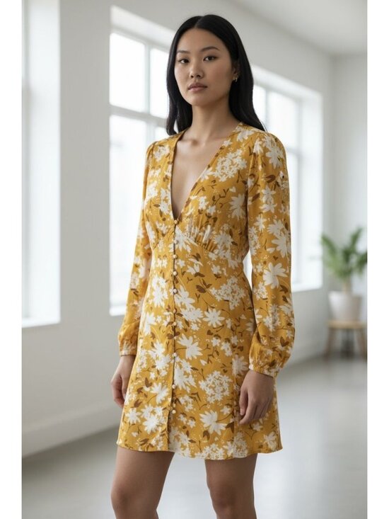 Billabong Dresses & Skirts - Billabong Women's Yellow Floral Long Sleeve Mini Dress Button Front Size L